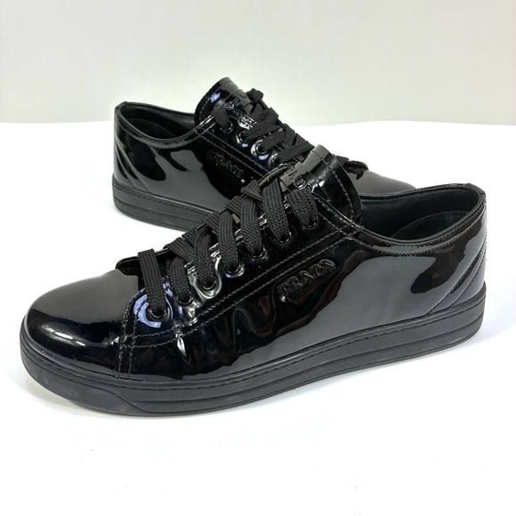 *SOLD* Prada Shiny Patent Leather Lace Up Sneakers Black Size 38.5 - Picture 1 of 16